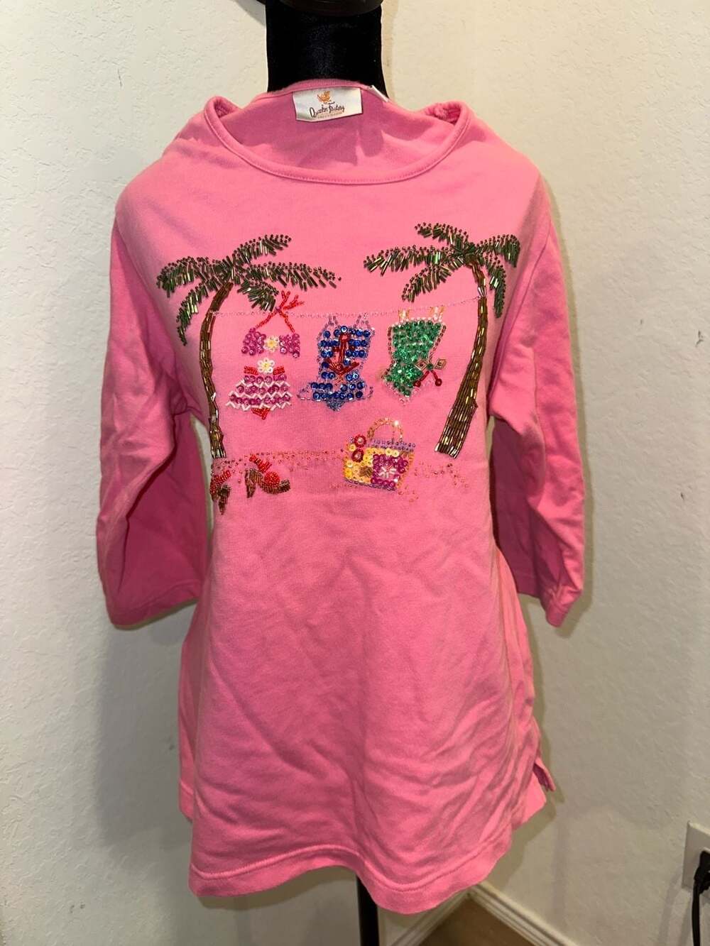 Quacker Factory Pink Beaded Sequin Beach Theme 3/4 Sleeve Top Size L